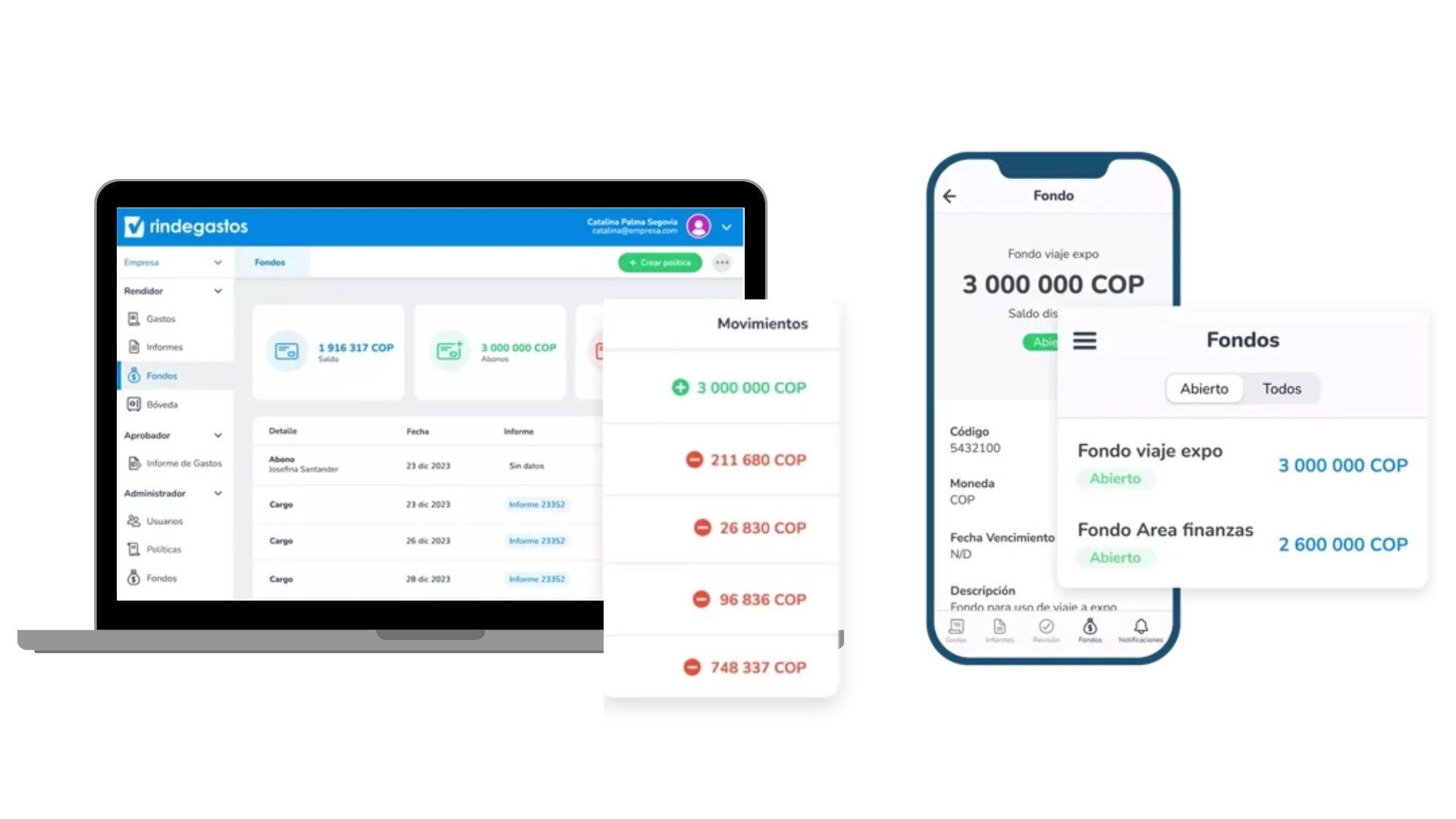 Pantallas de la plataforma Rindegastos en computadora y teléfono móvil, mostrando el monitoreo de fondos y movimientos financieros en tiempo real.