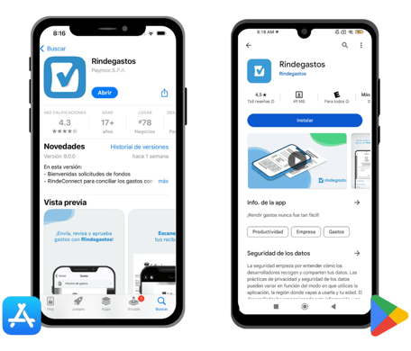 App_rindegastosCapturas de pantalla de la aplicación Rindegastos en las tiendas de aplicaciones iOS y Android. Las imágenes muestran las páginas de la aplicación en las tiendas, incluyendo calificaciones, una descripción breve de la funcionalidad de la aplicación, y una vista previa de su interfaz, destacando facilidades como la solicitud de fondos y la conciliación de gastos.