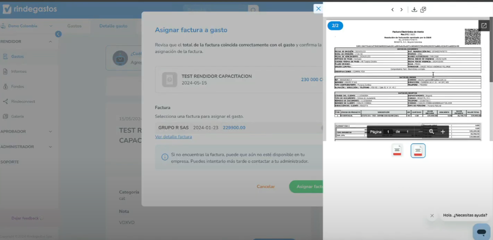 Captura de pantalla del módulo fiscal de rindegastos, con una factura al costado derecho