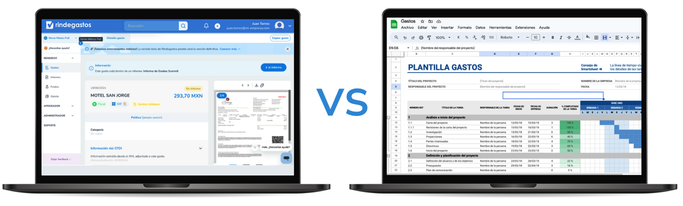 Comparación en dos pantallas de laptop, con Rindegastos en una y una plantilla de Excel en la otra, destacando la diferencia en la gestión de gastos