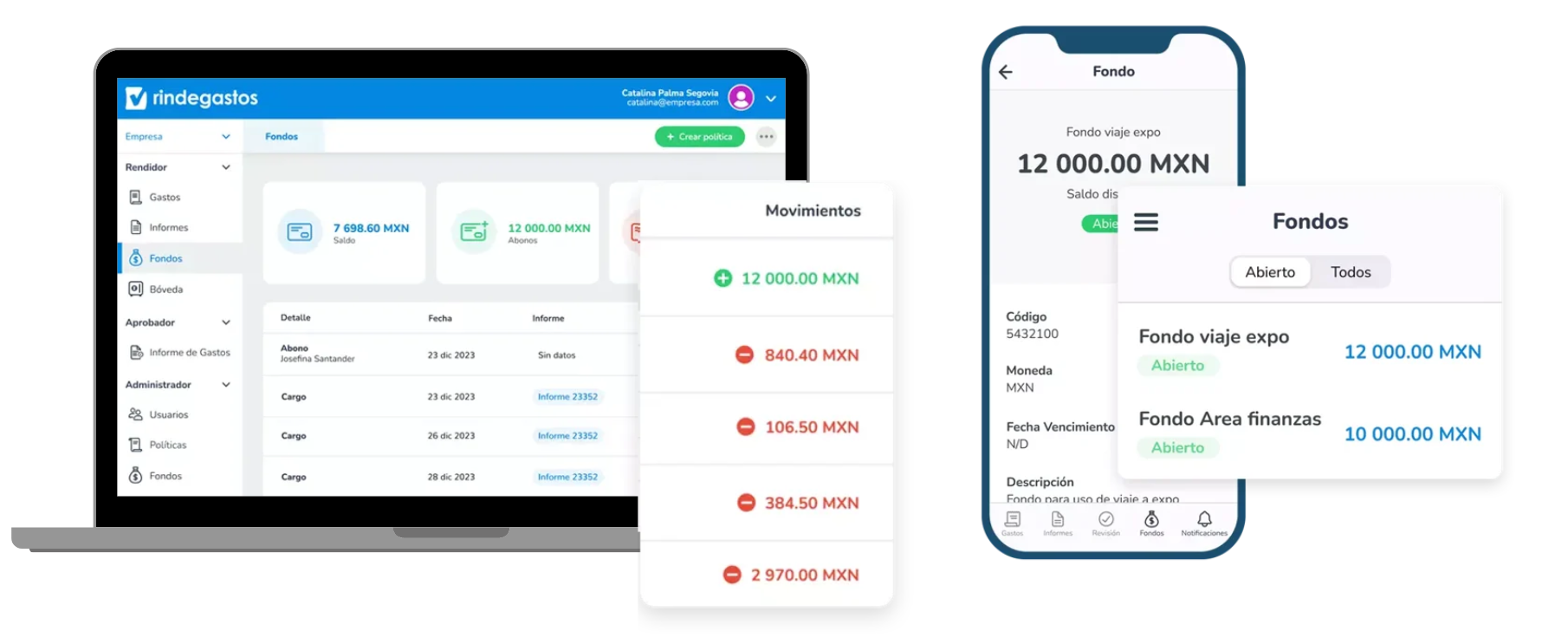 Pantalla de laptop y móvil mostrando la gestión de fondos empresariales en la plataforma Rindegastos, con movimientos detallados y saldos disponibles.