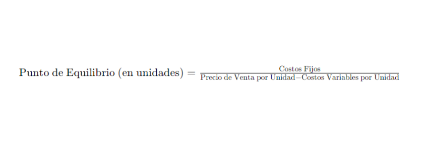 Imagen que muestra fórmula del punto de equilibrio en unidades, que se expresa como la división entre los costos fijos y la diferencia entre el precio de venta por unidad y los costos variables por unidad.