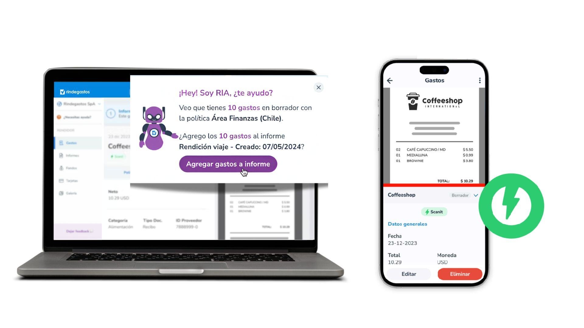 Chatbot llamado RIA en una interfaz de Rindegastos en laptop, sugiriendo agregar 10 gastos a un informe. A la derecha, la pantalla de un móvil muestra un recibo de compra en la  aplicación de Rindegastos.