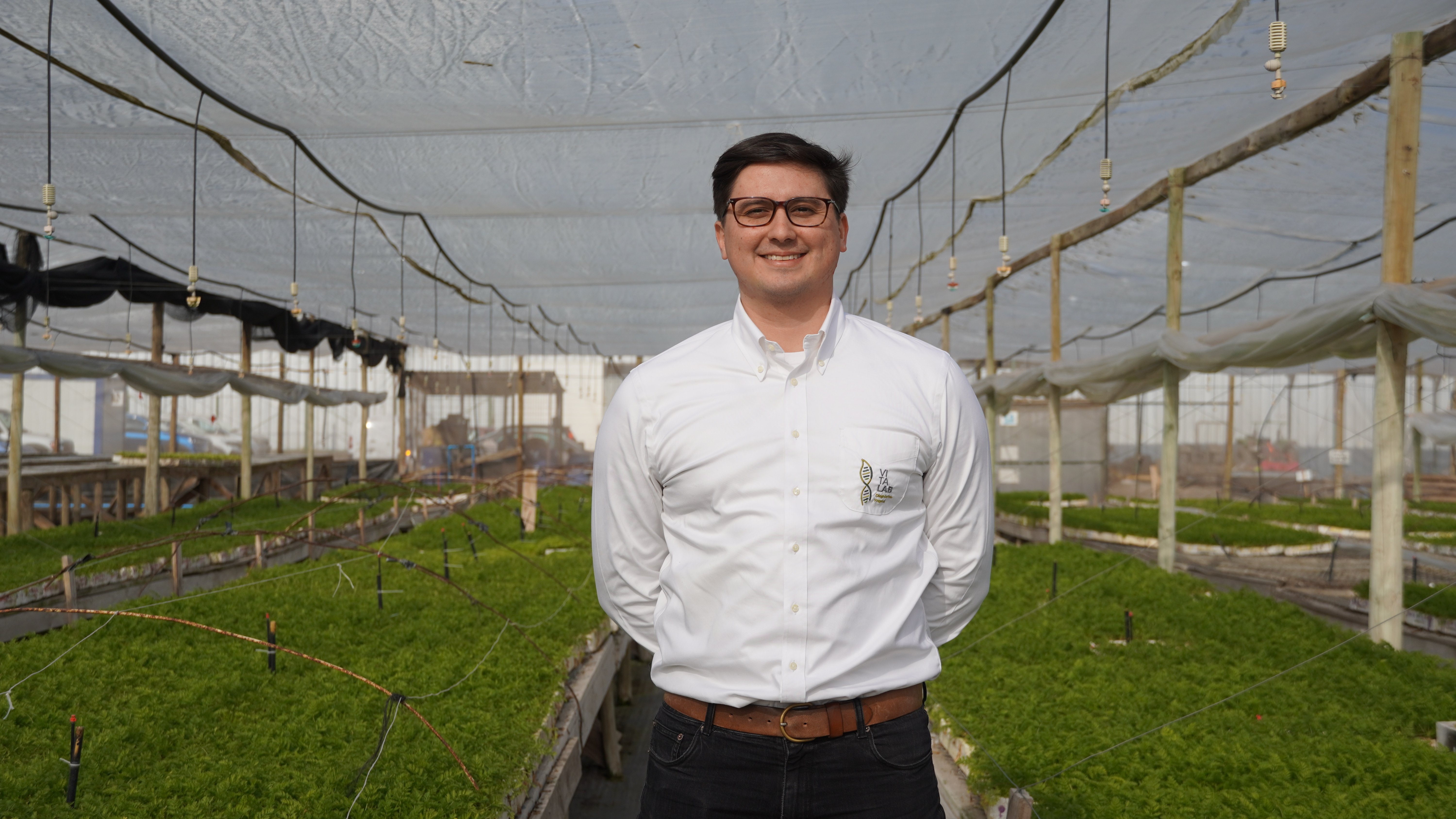 : Un hombre sonriente, con gafas y camisa blanca, está de pie en el interior de un invernadero lleno de plantas en crecimiento. La estructura está cubierta por un techo de plástico transparente, y hay mangueras de riego visibles