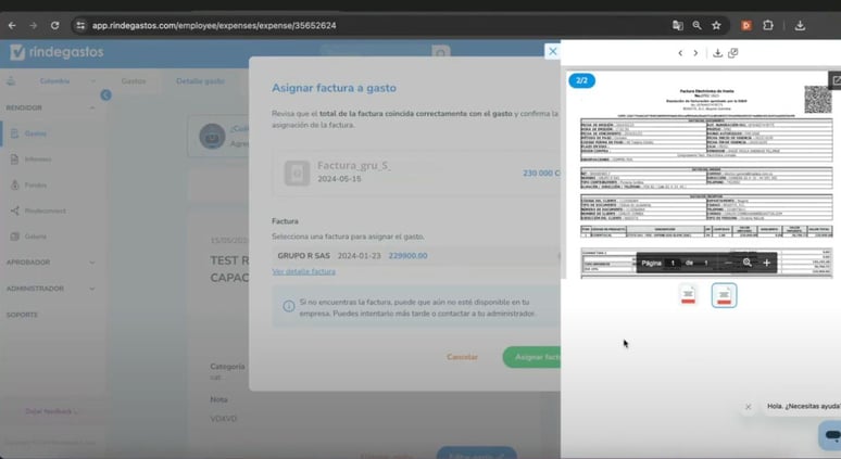 Captura de pantalla de la interfaz de Rindegastos mostrando el proceso de asignación de una factura a un gasto, con una factura electrónica visible en la ventana de la aplicación.