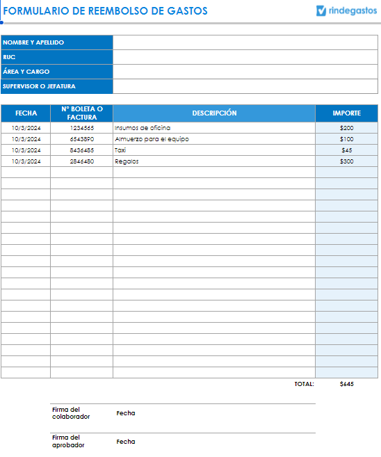 Formulario de reembolso de gastos de Rindegastos, que incluye campos para nombre y apellido, RUC, área y cargo, supervisor o jefatura, con una tabla detallando la fecha, número de boleta o factura, descripción de los gastos y el importe correspondiente. La parte inferior incluye espacios para la firma del colaborador y del aprobador, junto con el total de los gastos.