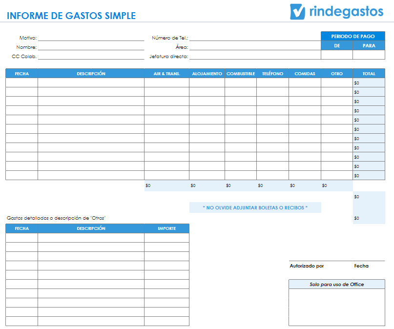 Captura de pantalla de una "Plantilla de Informe de Gastos Simple." La plantilla está dividida en secciones para ingresar información básica como el motivo, nombre, CC del colaborador, número de teléfono, área, jefatura directa, y periodo de pago. Incluye una tabla principal para detallar gastos, con columnas para la fecha, descripción, transporte aéreo, alojamiento, combustible, teléfono, comidas, otros, y un total. También hay una sección adicional para detallar otros gastos. En la parte inferior, hay campos para la firma del autorizado y un espacio reservado para uso de oficina. Se incluye un recordatorio para adjuntar boletos o recibos.