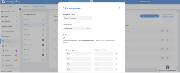 Una captura de pantalla de la aplicación Rindegastos que muestra la sección de configuración para editar un campo de gasto. La ventana modal titulada "Editar campo gasto" está abierta, permitiendo al usuario editar el nombre del campo "Tipo de Transporte". El tipo de campo está configurado como "Desplegable". Se enumeran cuatro opciones: Bus, Taxi, Uber y Otro, cada una con un código interno opcional de 123. El fondo muestra el menú de navegación con opciones para configuraciones generales, gastos, informes, categorías, impuestos, kilometraje, moneda, estado y usuarios.