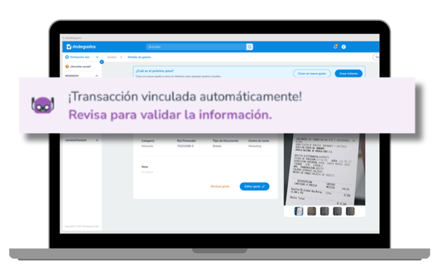 Pantalla de un laptop con un mensaje destacado en Rindegastos: '¡Transacción vinculada automáticamente! Revisa para validar la información'. Representación de la automatización y vinculación de gastos mediante la plataforma.