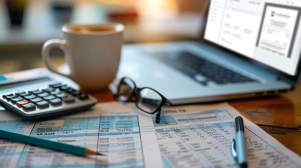  Un escritorio con una laptop, una taza de café, una calculadora, y papeles que contienen datos financieros. En la pantalla de la laptop se puede ver un documento digital.