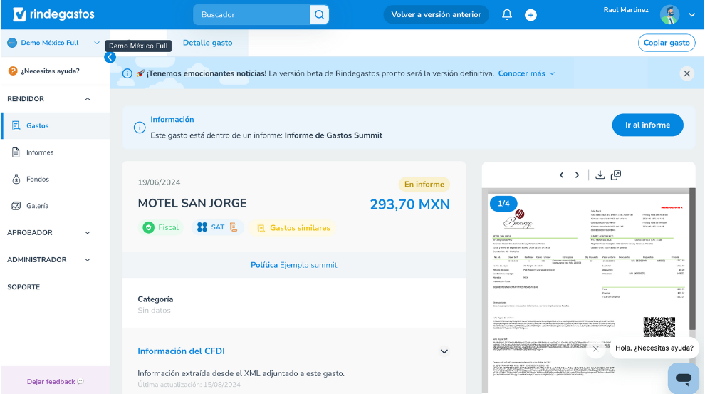 Pantalla de la plataforma Rindegastos mostrando el detalle de un gasto en la categoría "Fiscal", con información sobre el proveedor "Motel San Jorge" y el monto de 293,70 MXN. Se incluyen detalles del CFDI, políticas asignadas y acceso a informes. En el lado derecho se visualiza una factura escaneada, mientras que el menú lateral izquierdo permite acceder a secciones como informes, fondos y galería.s, fondos y galería.