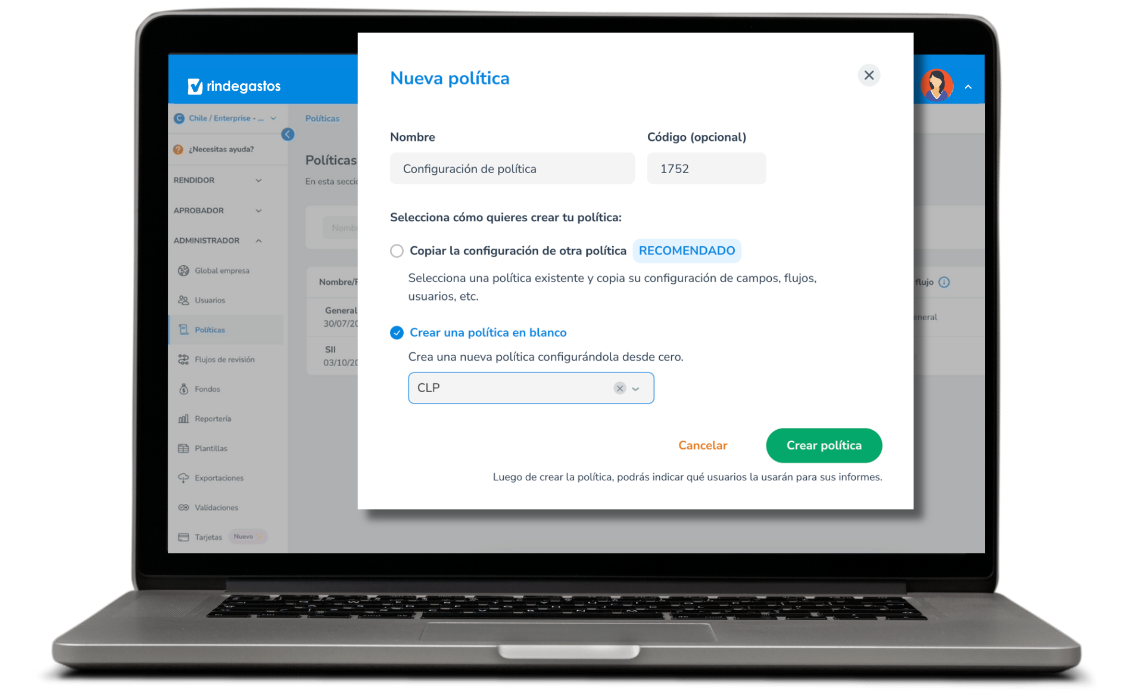  "Pantalla de configuración de políticas en Rindegastos, permitiendo al usuario crear una política personalizada para la gestión de gastos en Chile.