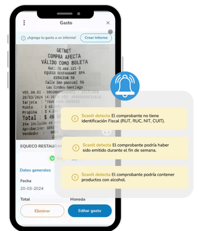 Vista cercana de una pantalla de smartphone mostrando una alerta de la aplicación Rindegastos. La notificación muestra varias alertas sobre posibles problemas con el recibo, como la falta de identificación fiscal y posible contenido de alcohol.