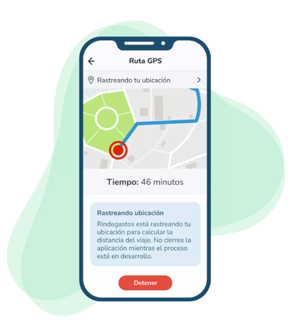 "Captura de pantalla de una aplicación móvil mostrando una ruta GPS con el mensaje: 'Rastreando tu ubicación' y el tiempo estimado de 46 minutos. La aplicación es de Rindegastos."