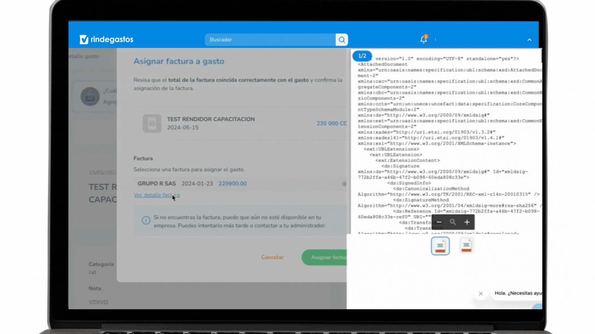 Animación de una pantalla de computadora portátil mostrando la interfaz de Rindegastos con la funcionalidad de asignación de facturas a gastos. La pantalla muestra un gasto denominado 'TEST RENDIDOR CAPACITACION' con fecha y monto, y permite seleccionar una factura de un proveedor llamado 'GRUPO R SAS' con fecha y monto. A la derecha, se muestra el detalle de la factura en formato de código XML. En la parte inferior hay un botón verde que dice 'Asignar factura'