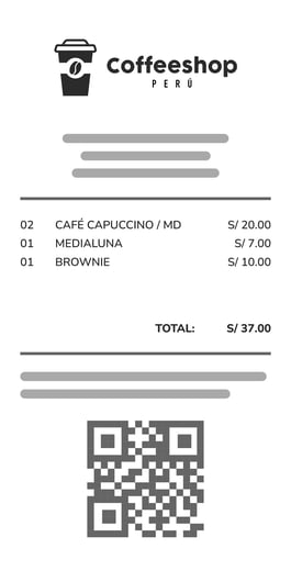 Boleta de compras de Coffeeshop Perú mostrando una lista de artículos y un código QR