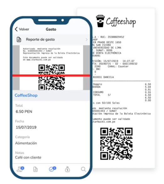 Pantalla de un teléfono móvil mostrando un reporte de gasto con un código QR escaneado, junto a una boleta de compra de un café