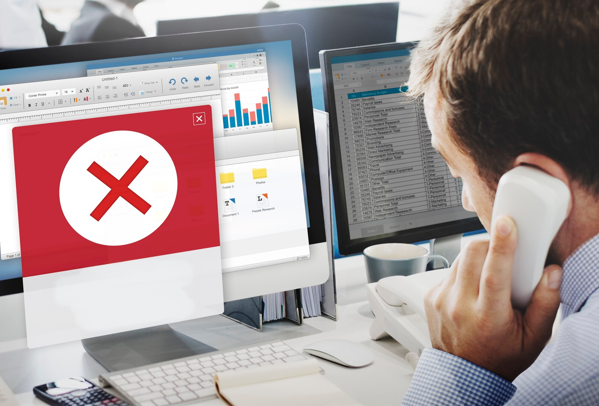 "Hombre hablando por teléfono en su oficina, con un mensaje de error en la pantalla de su computadora que muestra un símbolo de 'X' roja, simbolizando problemas técnicos o de softwar