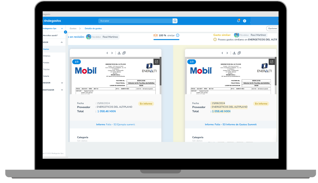 Pantalla de un laptop mostrando la funcionalidad de Rindegastos para identificar gastos duplicados. En la interfaz, se visualizan dos facturas idénticas del proveedor 'Energéticos del Altiplano' con el total de 1,058.46 MXN, resaltando la similitud al 100%.