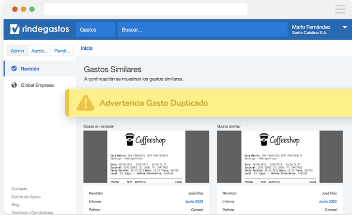 Pantalla de Rindegastos mostrando la advertencia de gasto duplicado con detalles de dos recibos similares de una cafetería.