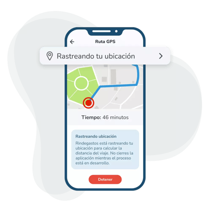 Pantalla de un teléfono móvil que muestra la interfaz de una app de navegación GPS de Rindegastos, rastreando la ubicación para calcular la distancia del viaje. El mensaje indica 'Rastreando tu ubicación' y el tiempo transcurrido es de 46 minutos