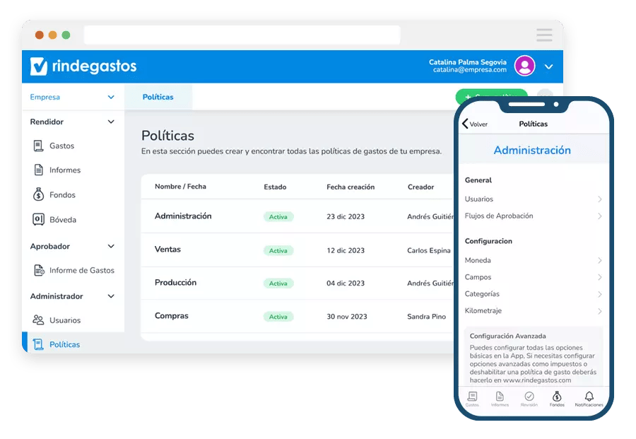 Pantalla de políticas de Rindegastos con la opción de configuración avanzada y lista de políticas activas, acompañada de la vista de un teléfono móvil mostrando las políticas de administración