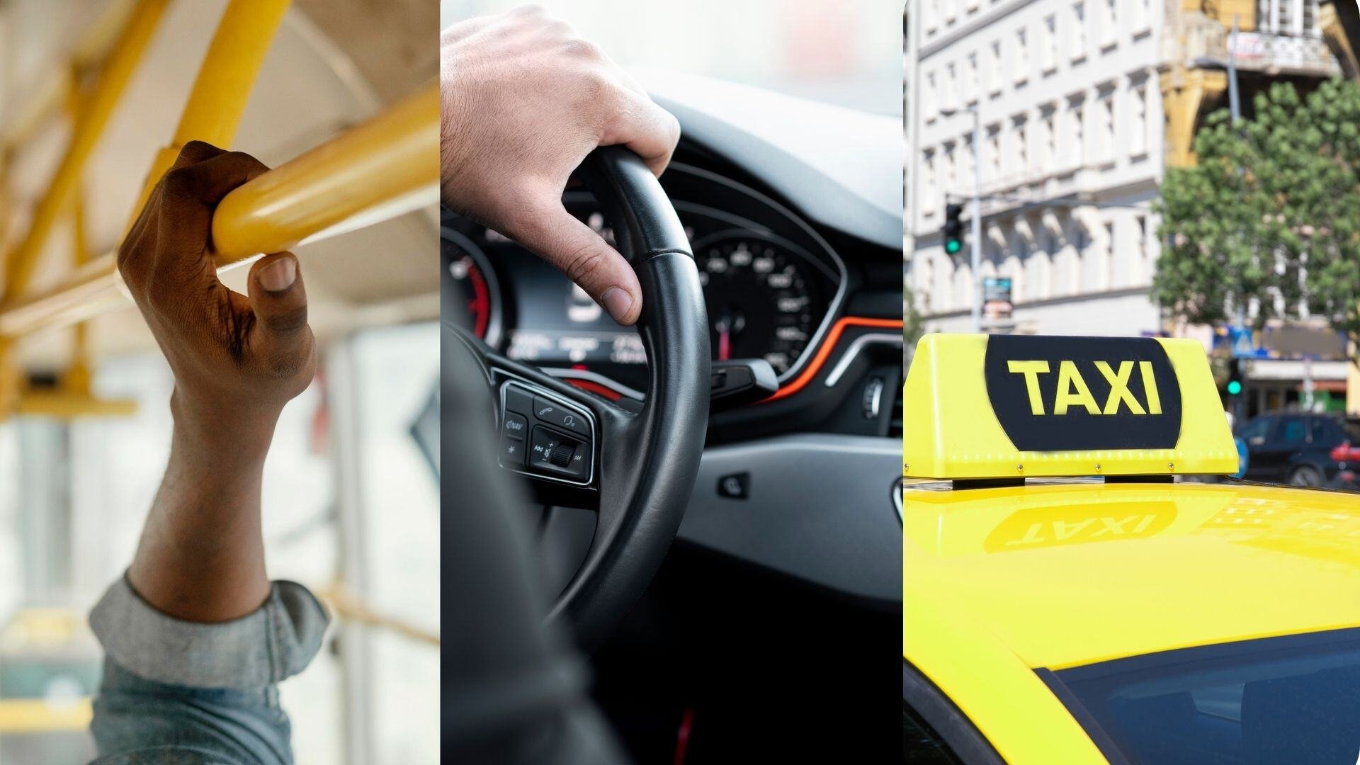  Un collage de tres imágenes que muestra un mano sujetando una barra en un transporte público, una mano manejando un volante de automóvil y un taxi amarillo con la señal de "TAXI" en su techo