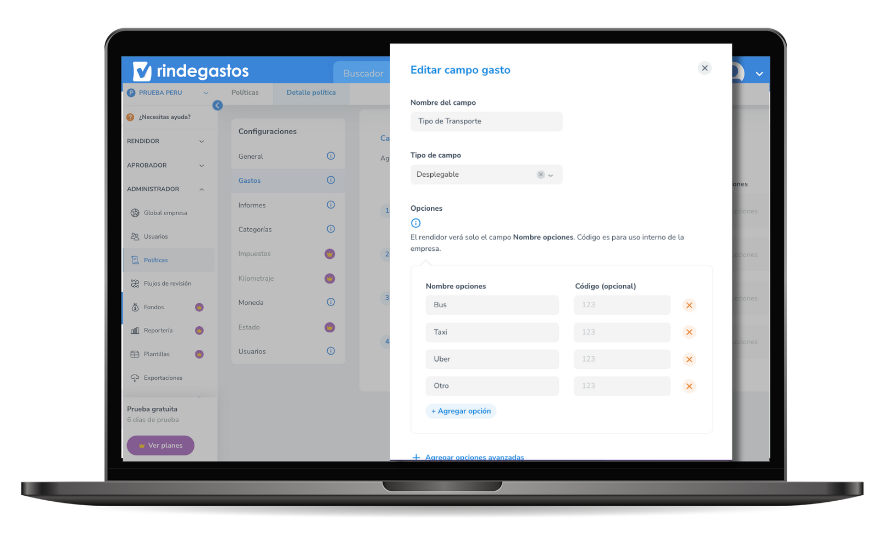 Pantalla de un laptop mostrando la interfaz de Rindegastos, con un panel de configuración donde se edita el campo "Tipo de Transporte" en un formulario, con opciones como "Bus", "Taxi", "Uber", y "Otro".
