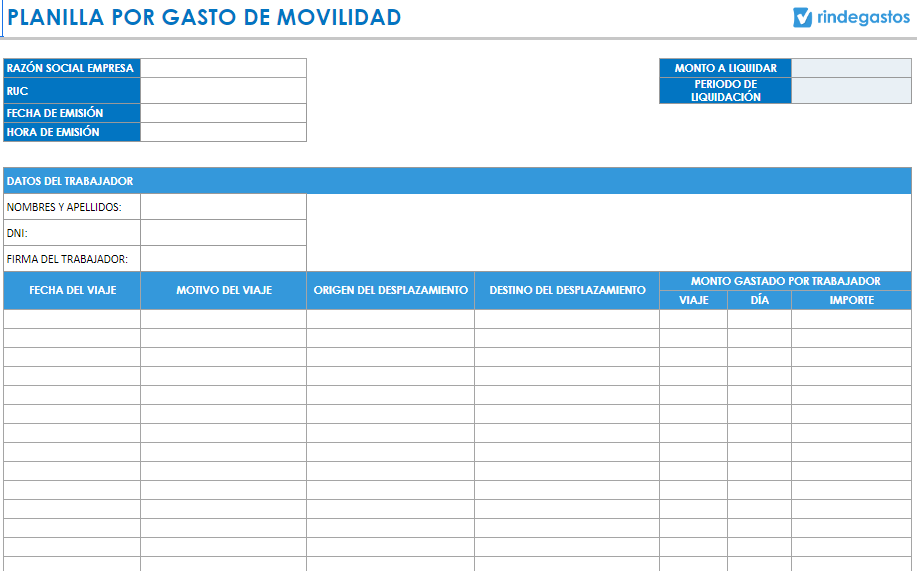 Plantilla por gasto de movilidad de Rindegastos que incluye secciones para la razón social de la empresa, RUC, fecha y hora de emisión, monto a liquidar y período de liquidación. También cuenta con un apartado para los datos del trabajador, incluyendo nombres, apellidos, y firma. La tabla principal permite registrar la fecha del viaje, motivo del viaje, origen y destino del desplazamiento, y el monto gastado por el trabajador, desglosado por viaje, día e importe.