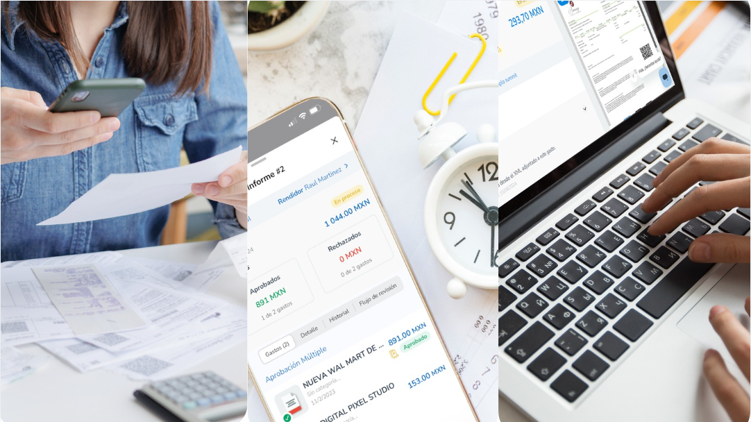 Tres imágenes mostrando el proceso de manejo de facturas: escaneo de documentos, revisión en la app de Rindegastos y consulta en una laptop