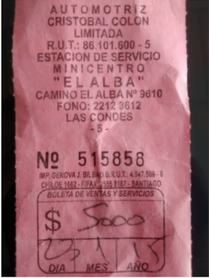 Un recibo de una estación de servicio llamado "El Alba" con datos de contacto, RUT de la empresa, número de boleta y un monto total de $5000, escrito a mano.