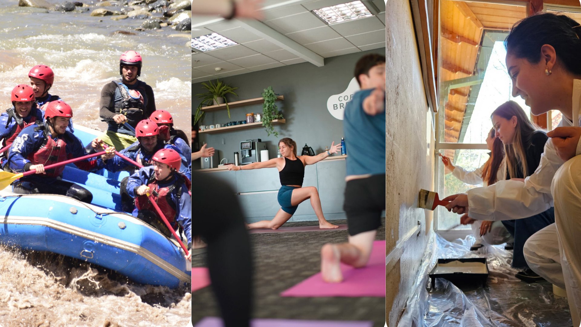  Una composición de tres actividades grupales que incluyen: un equipo realizando rafting en un río, personas practicando yoga en una oficina, y un grupo de personas pintando una pared en un voluntariado.