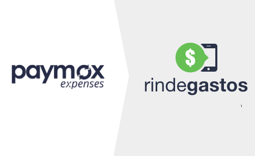 Logotipos de dos empresas, Paymax y Rindegastos, representando una colaboración. El logo de Paymax es de color azul oscuro, mientras que el de Rindegastos es verde con un icono de teléfono y un signo de dólar.