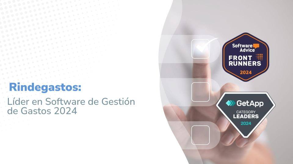Presentación promocional de Rindegastos titulada 'Rindegastos: Líder en Software de Gestión de Gastos 2024'. Muestra una mano interactiva seleccionando opciones digitales flotantes junto a insignias de reconocimiento de Software Advice y GetApp para el año 2024.
