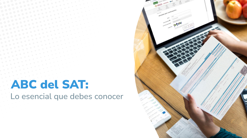 Imagen que muestra una computadora portátil abierta en una mesa, en la que se puede ver la página de inicio de sesión del SAT. A la izquierda, el texto dice 'ABC del SAT: Lo esencial que debes conocer