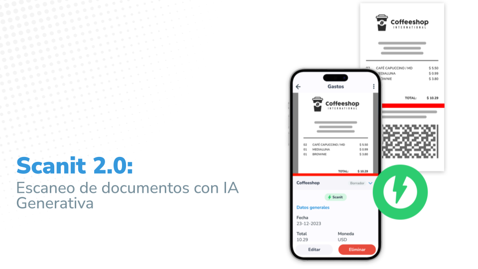 Imagen que dice 'Scanit 2.0: Escaneo de documentos con IA Generativa'. Muestra una interfaz de smartphone con la aplicación abierta mostrando un recibo de 'Coffeeshop International'. La pantalla del smartphone detalla un recibo con artículos como capuchino y brownie, incluyendo el total y la fecha. A la derecha, se visualiza el recibo físico con un código QR. Al pie de la imagen, se destaca el logo de Scanit con un ícono de rayo verde que simboliza la rapidez y eficiencia de la tecnología