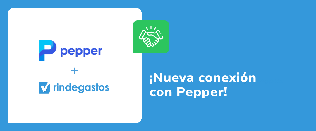 Imagen que anuncia la nueva integración entre Pepper y Rindegastos. En la parte izquierda se muestran los logotipos de Defontana y Rindegastos, junto con un símbolo de apretón de manos en verde, y el texto "¡Nueva Integración con Pepper!" en la parte derecha.