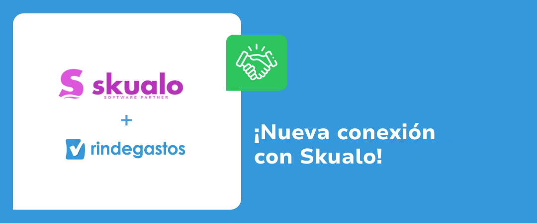 Imagen que anuncia la nueva integración entre Skualo ERP y Rindegastos. En la parte izquierda se muestran los logotipos de Skaulo y Rindegastos, junto con un símbolo de apretón de manos en verde, y el texto "¡Nueva Integración con Skualo ERP!" en la parte derecha.