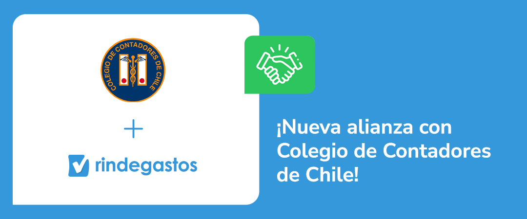 Imagen anunciando la nueva alianza entre Rindegastos y el Colegio de Contadores de Chile, con logos de ambas instituciones y un ícono de apretón de manos, sobre un fondo azul.